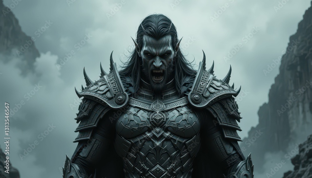 Dark Fantasy Warrior with Intense Expression in Dramatic Landscape Dark Fantasy Warrior with Intense Expression in Dramatic Landscape
