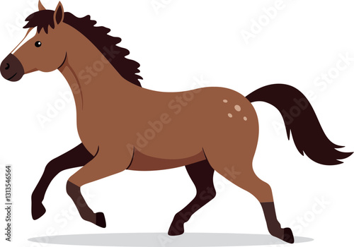 Brown horse with flowing mane trotting gracefully across a light background in a playful and minimal vector illustration
