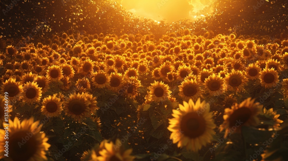 Φωτογραφία The warm glow of sunset highlights a sea of blooming sunflowers, creating a dreamy summer scene