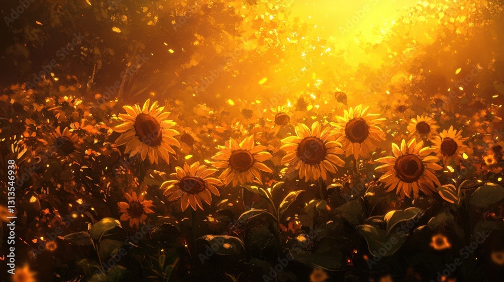 Φωτογραφία The warm glow of sunset highlights a sea of blooming sunflowers, creating a dreamy summer scene