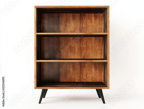 A front view of a Mid-Century Modern bookcase in brown and black tones, isolated against a white background. 