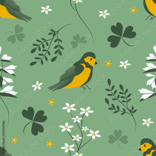 vector seamless spring pattern with flowers and birds