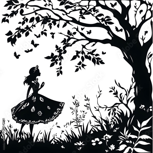 A alice in wonderland vector stencil design, black on white laser engraving	
