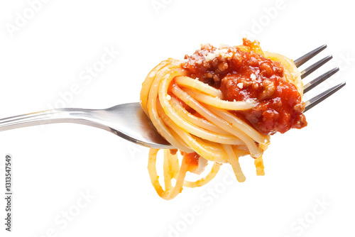 spaghetti with sauce hanging on a fork.