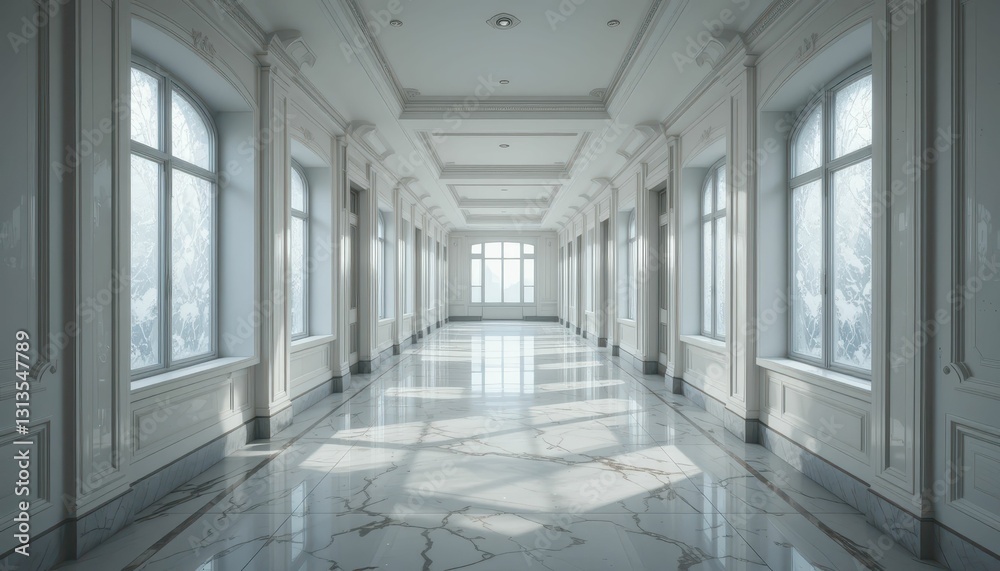 Elegant White Hallway with Large Windows and Polished Marble Floor Elegant White Hallway with Large Windows and Polished Marble Floor