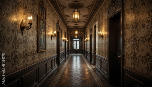 Luxurious Hallway with Elegant Lighting and Vintage Wallpaper Design