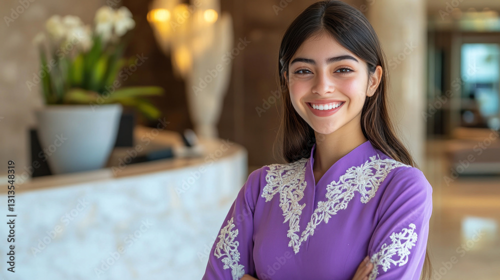 Hispanic spa and beauty care receptionist woman in purple dress smiling at lobby front desk Hispanic spa and beauty care receptionist woman in purple dress smiling at lobby front desk