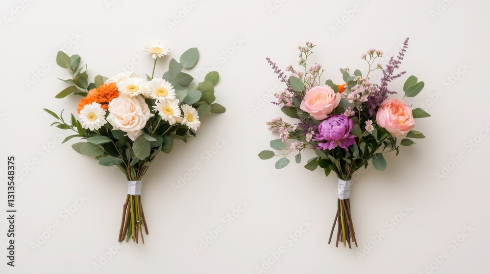 Obraz premium A photo of two wedding flower arrangements: the first in soft pastel colors, featuring roses, daisies, peonies, and gerberas, and the second with vibrant pink flowers and purple foliage.