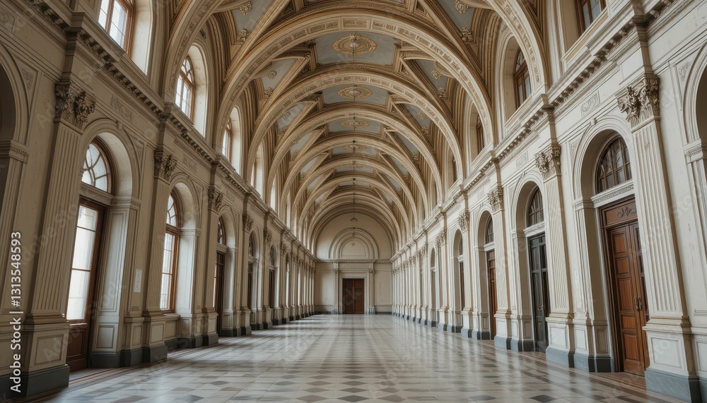 Elegant Architectural Interior of a Historic Hallway with Arches Elegant Architectural Interior of a Historic Hallway with Arches