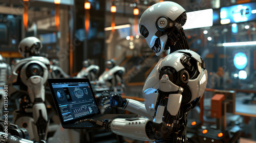 Group of AI android robots working in a factory, Robots working together. AI robot working on laptop