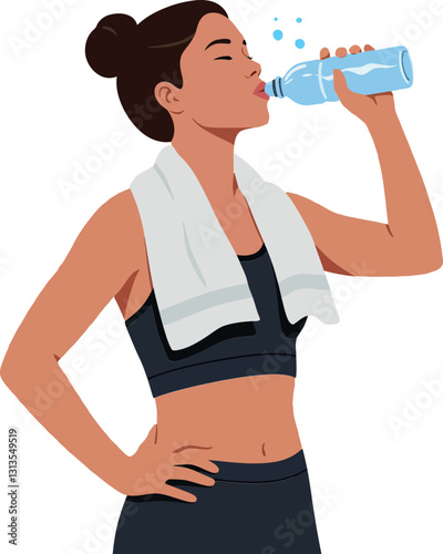 Athletic woman in sportswear taking a refreshing drink from a water bottle in a flat vector illustration of fitness and hydration
