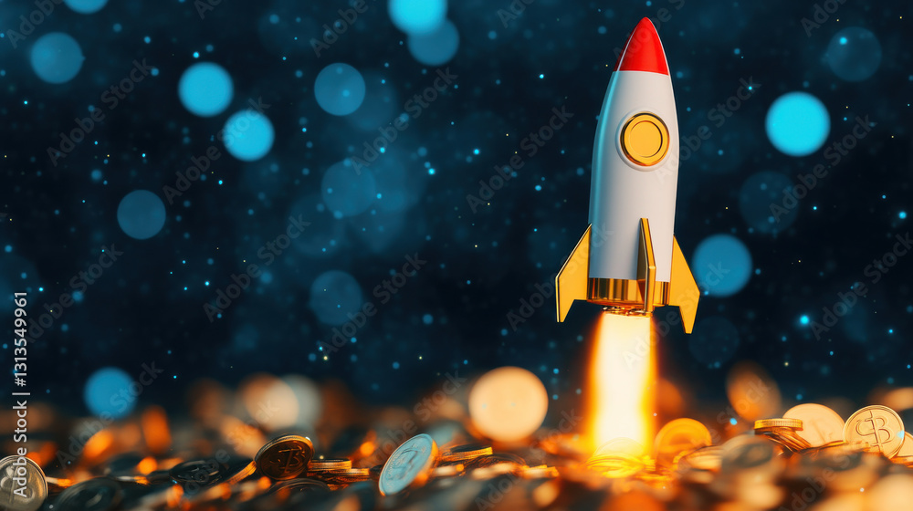 futuristic rocket launching into space above pile of coins, symbolizing growth and innovation futuristic rocket launching into space above pile of coins, symbolizing growth and innovation
