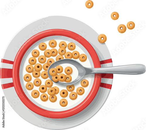 A bowl of golden cereal with a spoon resting beside it in a minimal flat design vector illustration