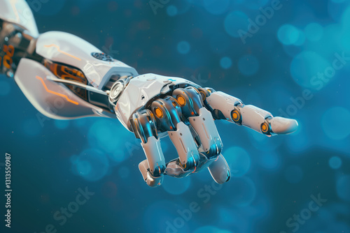 White AI humanoid robot pointing finger to touch something with abstract blue bacground
