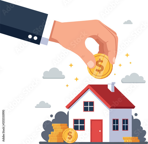 Hand placing a gold coin onto a small house amidst stacks of cash in a flat vector illustration