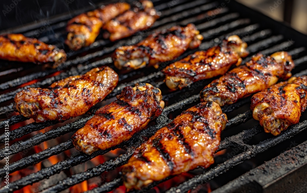Grilling delicious chicken wings over an open flame at a backyard barbecue during summer Grilling delicious chicken wings over an open flame at a backyard barbecue during summer
