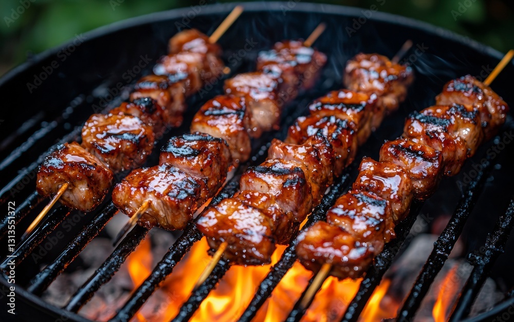 Grilling juicy skewers over open flames at a summer barbecue gathering in a lush backyard setting Grilling juicy skewers over open flames at a summer barbecue gathering in a lush backyard setting