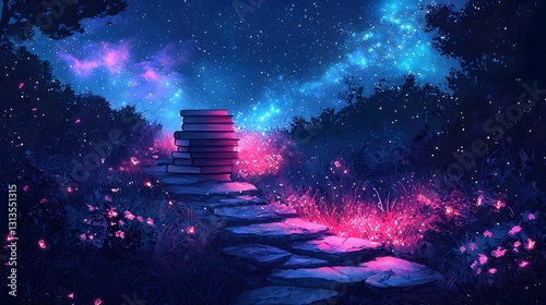 Glowing Pathway of Books Guiding the Way to Community and Progress