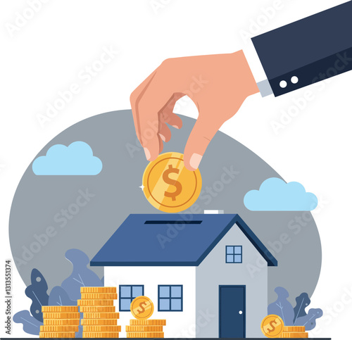 Hand placing a golden coin into a house-shaped bank with stacked coins and clouds in a flat vector illustration