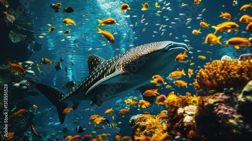 Underwater Landscape Featuring a Majestic Whale Shark Surrounded by Colorful Tropical Fish and Vibrant Coral Reefs