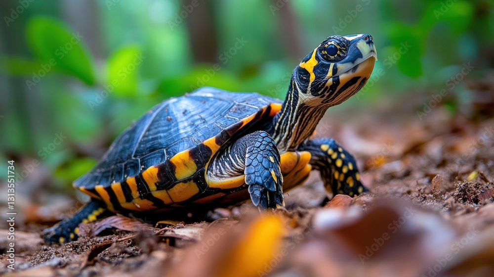 Obraz premium Close-Up of a Colorful Turtle on Forest Floor Amidst Green Plants and Leaves