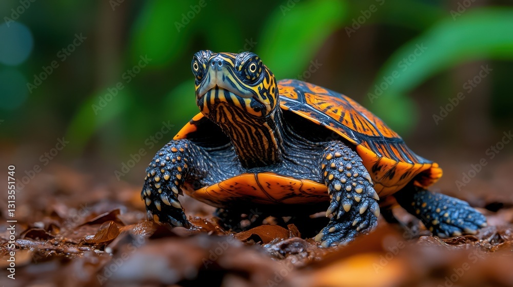 Obraz premium Vibrant Close-Up of a Colorful Turtle in a Lush Green Environment