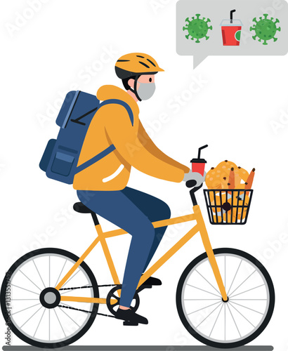 Person riding a yellow bicycle with food and drinks in a basket, wearing a mask, flat vector illustration depicting safety and convenience