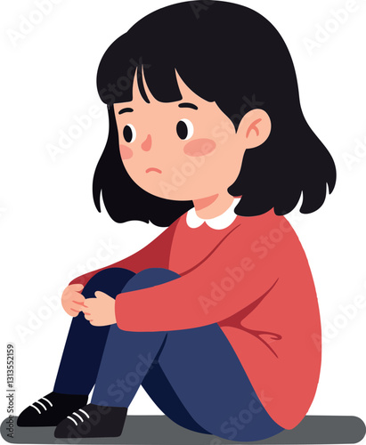 A young girl sitting alone on the floor with a pensive expression, dressed in a red sweater and blue jeans, flat vector illustration