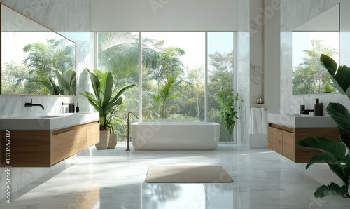 Modern Bathroom Design with Large Windows and Tropical View Featuring Elegant Bathtub and Stylish D  cor