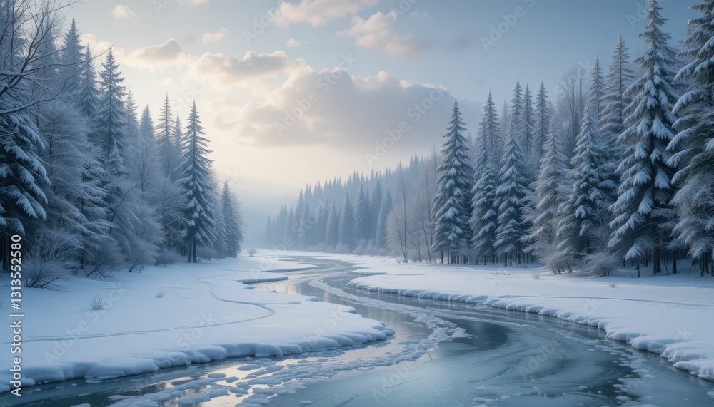 Serene Winter Landscape with Snow-Covered Trees and Flowing River Serene Winter Landscape with Snow-Covered Trees and Flowing River
