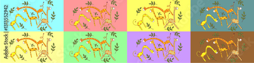 Cute cartoon giraffes with long necks and playful poses on a light blue background with green leaves. Hand-drawn vector illustration perfect for kids, decor, prints, and playful designs.