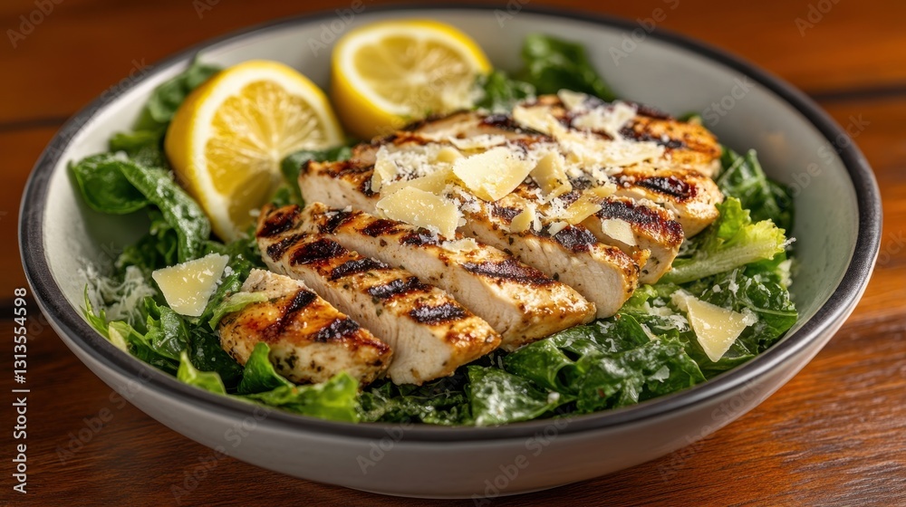 Grilled chicken Caesar salad in a bowl with lemon wedges. Perfect for menus, blogs, or articles about healthy eating and delicious recipes. Grilled chicken Caesar salad in a bowl with lemon wedges. Perfect for menus, blogs, or articles about healthy eating and delicious recipes.