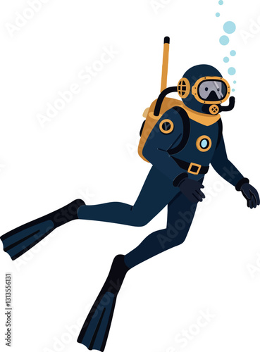 An underwater diver in a blue wetsuit exploring the ocean floor, depicted in a minimal flat design style, showcasing vibrant bubbles and a tranquil aquatic atmosphere in vector art