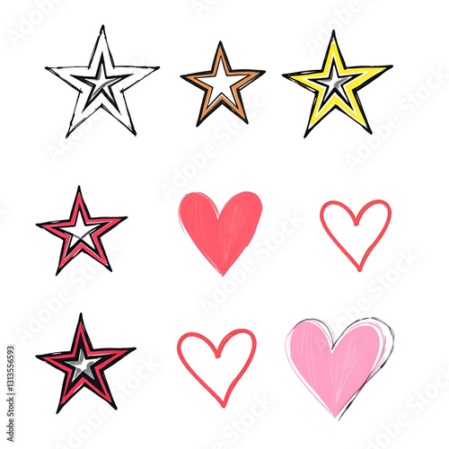Hand drawn rock punk music star grunge heart doodle icon element set. Crayon brush stroke hand drawn line sketch style doodle rock punk star, heart shape. Crayon scribble music vector illustration