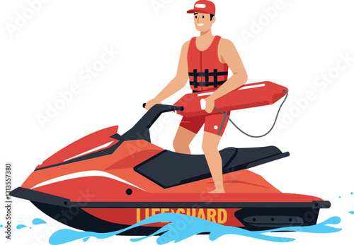 Lifeguard riding a bright red jet ski across the waves in a dynamic, flat design vector art