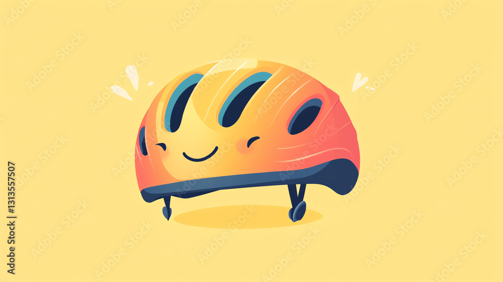 A cheerful cartoon bicycle helmet with a smiling face against a bright yellow background. Ideal for promoting cycling safety and encouraging a fun, adventurous spirit. A cheerful cartoon bicycle helmet with a smiling face against a bright yellow background. Ideal for promoting cycling safety and encouraging a fun, adventurous spirit.