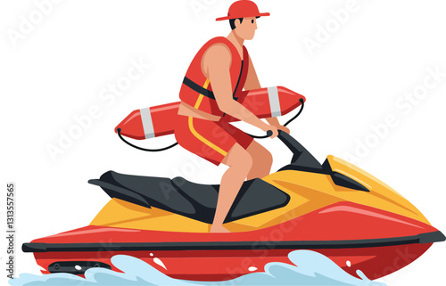 Lifeguard in red swimwear riding a jet ski, showcasing motion and excitement in a flat vector illustration