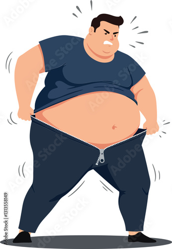 A frustrated man struggling to fit into oversized pants in a humorous flat style vector illustration depicting body positivity and self-acceptance