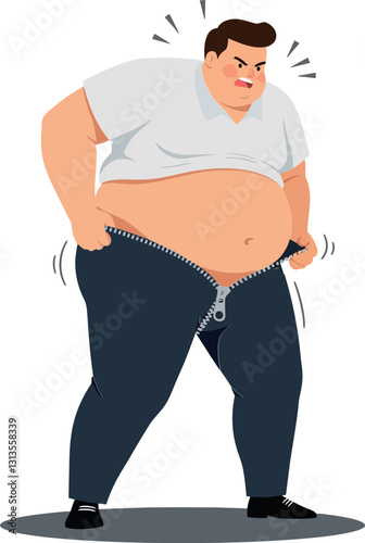 A frustrated man struggling to fit into tight pants with a humorous expression in a flat design vector illustration