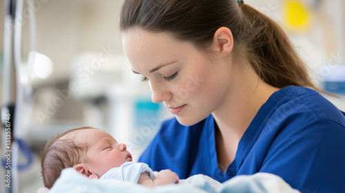 Australian nurse doctor woman carrying a newborn baby at pediatric home care healthcare