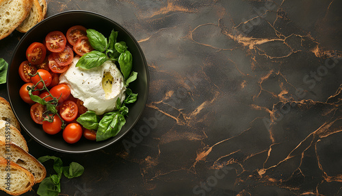 Delicious burrata cheese, tomatoes, basil and bread in bowl on brown table, flat lay. Space for text