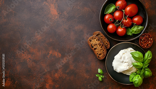 Delicious burrata cheese, tomatoes, basil and bread in bowl on brown table, flat lay. Space for text