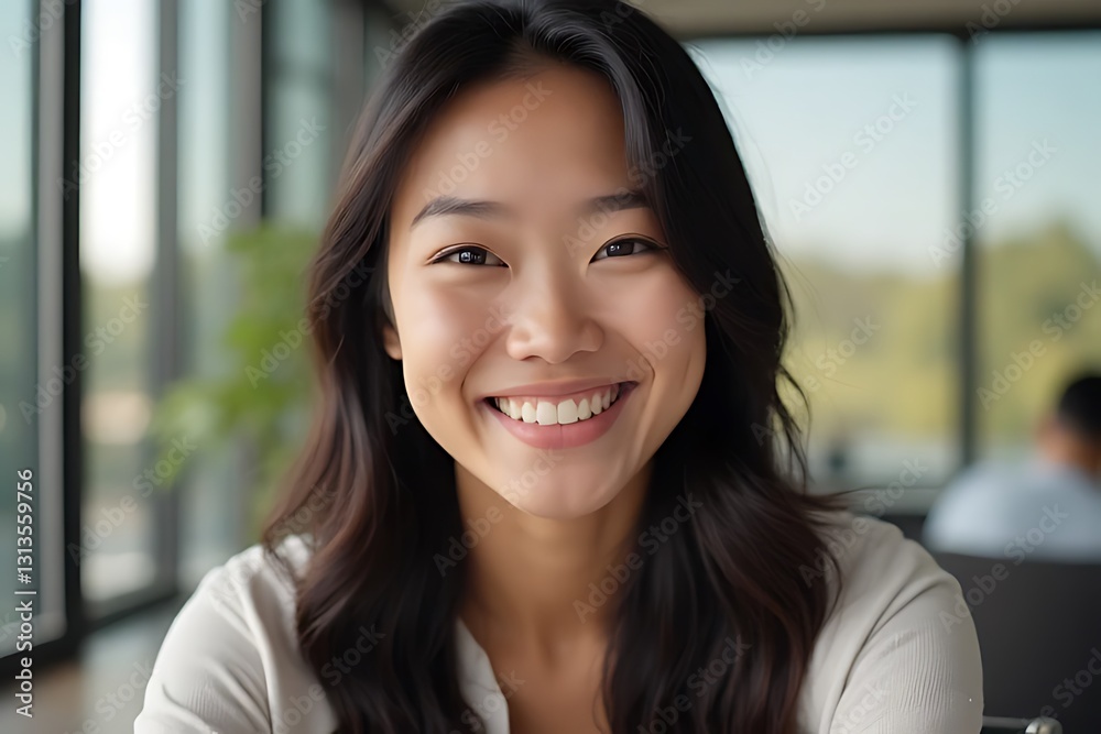 Smiling woman in modern office portrait photography bright workspace casual environment inspirational mood Smiling woman in modern office portrait photography bright workspace casual environment inspirational mood