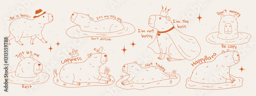 Cute capybara set with text. Set of rodent characters swimming in pond, relaxing and walking. Rough crayon strokes. Hand drawn vector illustration.