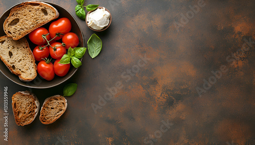 Delicious burrata cheese, tomatoes, basil and bread in bowl on brown table, flat lay. Space for text