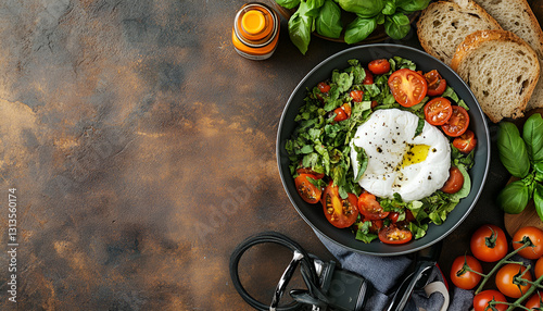 Delicious burrata cheese, tomatoes, basil and bread in bowl on brown table, flat lay. Space for text