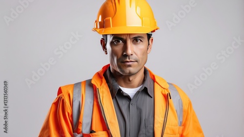 A construction worker seen from behind, wearing an orange hard hat and a reflective safety vest with yellow and gray stripes. photo