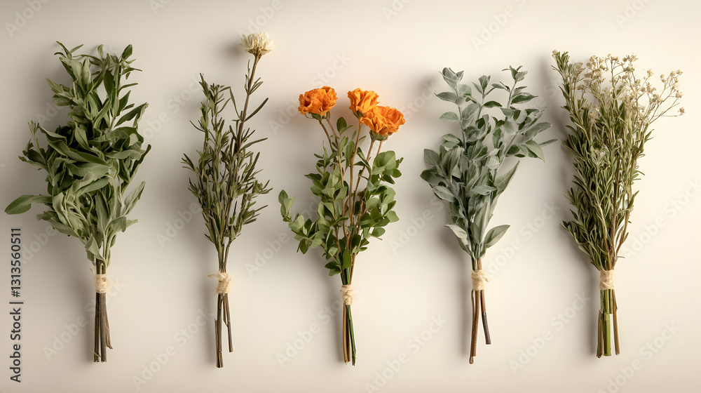 Five Bunches Of Different Dried Flowers And Greenery Displayed