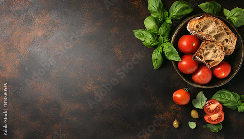 Delicious burrata cheese, tomatoes, basil and bread in bowl on brown table, flat lay. Space for text