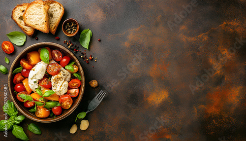 Delicious burrata cheese, tomatoes, basil and bread in bowl on brown table, flat lay. Space for text
